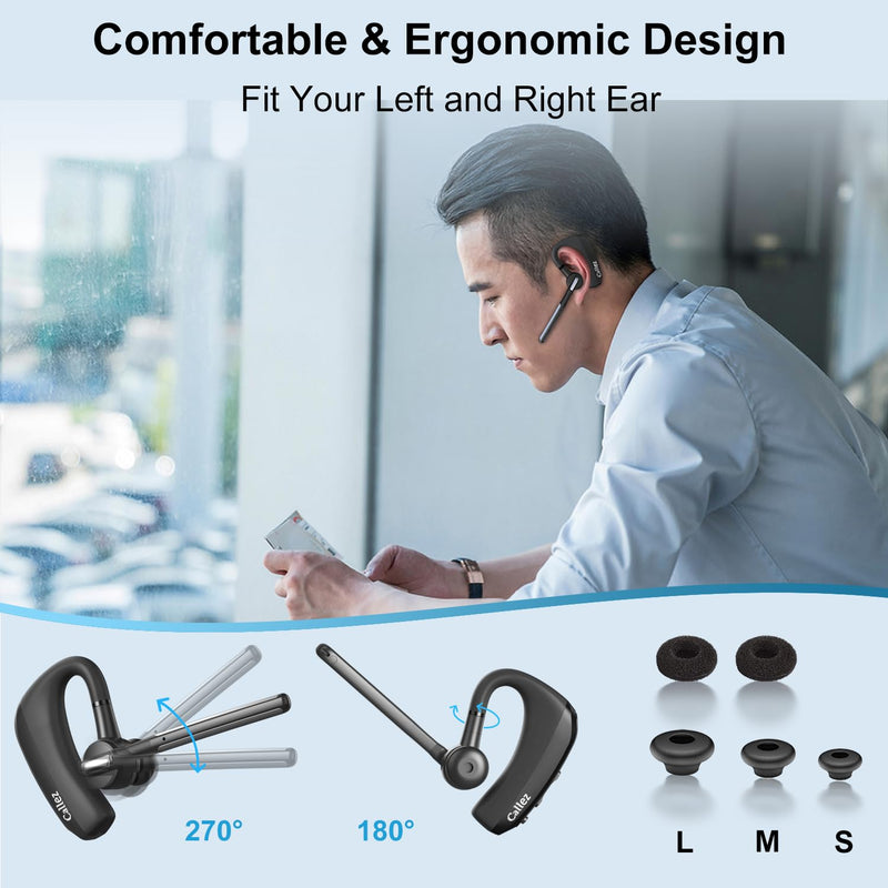 Callez Bluetooth Headset with CVC8.0 Dual Mic Noise Cancelling for iPhone | Bluetooth Earpiece V5.0, Wireless Headset for Android Cell Phone Trucker Business Office Work, Clear Chat, Super Light Black