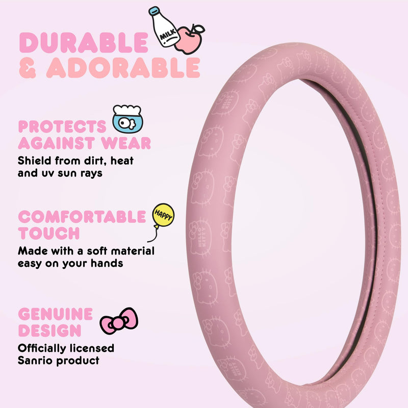 Sanrio Hello Kitty Pink Car Steering Wheel Cover, Universal Fit Cute Car Accessories for Women Stylish Decor Gifts Hello Kitty Accessories - Fits Standard Wheels 14.5"-15"
