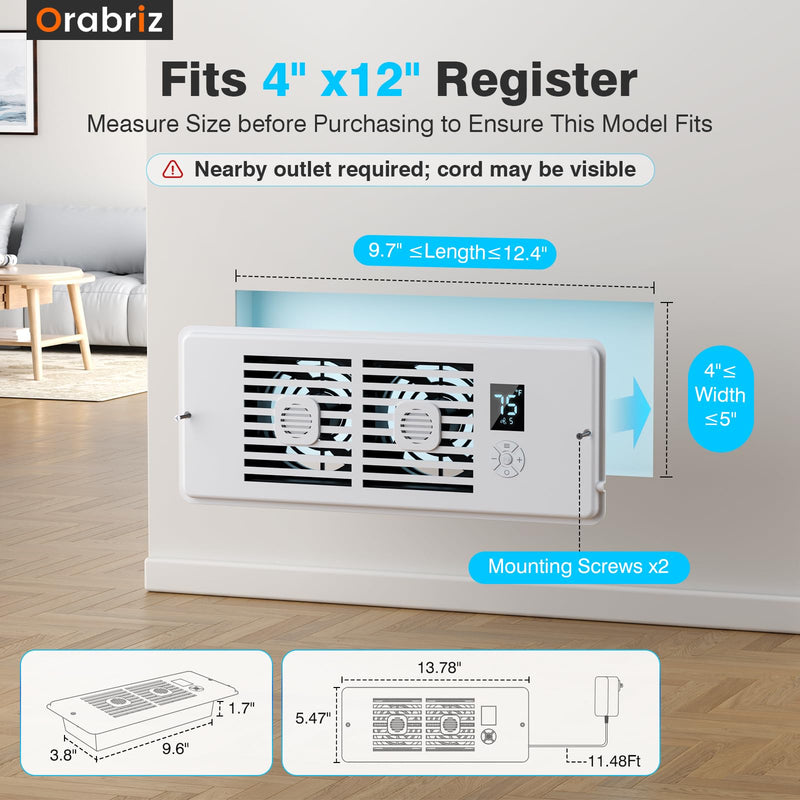 AC Vent Booster Fan 4" x 12" Register, Quiet 10-Speed Register Booster Fan with Thermostat Control, Remote & LCD Display, Aroma Pad Slot, Fixes Hot & Cold Spots in Rooms White 4" x 12"