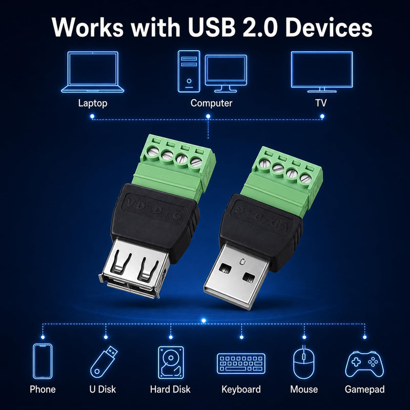 4-Pack Solderless USB 2.0 Type A Male/Female to 4 Pin Screw Terminal Block | DIY Electronics Projects, Repair & Power