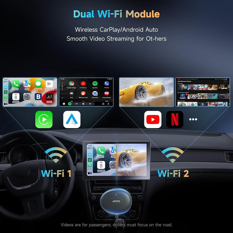 AI CarPlay Box Dual-WiFi Wireless CarPlay&Android Auto Adapter | Built-in Android Multimedia System, Video & Music Apps, Navigation, AI Voice, Support Factory Wired CarPlay/Android Auto Black