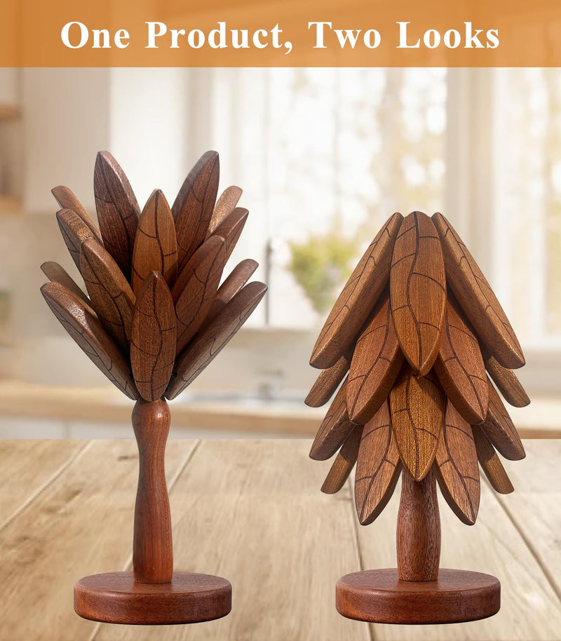Tree Coasters, Wooden Trivets for Hot Dishes/Pot/Bowl/Teapot/Pans, Tree Shape Trivet Set - 4 Wooden Trivets + 1 Stand Stored, Kitchen Decor Gifts for Him/Her (Leaf Pattern - 4Pcs) Texture - 4pcs
