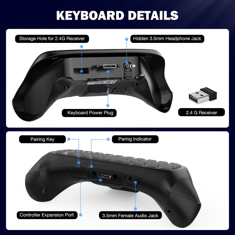 MoKo RGB Keyboard for Xbox One Controller | Wireless Chatpad Keypad w/ 2.4G Receiver, Accessories for Xbox One S/Elite/2/Series X/S, Black+White