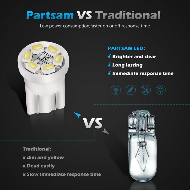 Partsam T10 194 168 LED Dash Instrument Light Bulbs White with Twist Lock Socket, Super Bright T10 Instrument Panel Gauge Cluster Dashboard Lights Bulbs 12V 6-2835-SMD LED Chipset, 10Pcs/Set