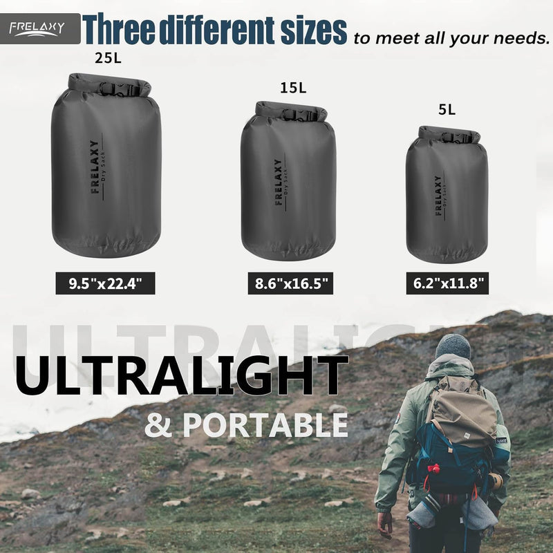 Frelaxy Waterproof Dry Bag 2 Pack/3 Pack, Lightweight Portable Dry Bags, 5L & 15L & 25L Durable Dry Sack Set Keep Gear Dry for Hiking, Camping, Boating, Backpacking, Kayaking (3 Pack - Gray) 3 Pack - Gray