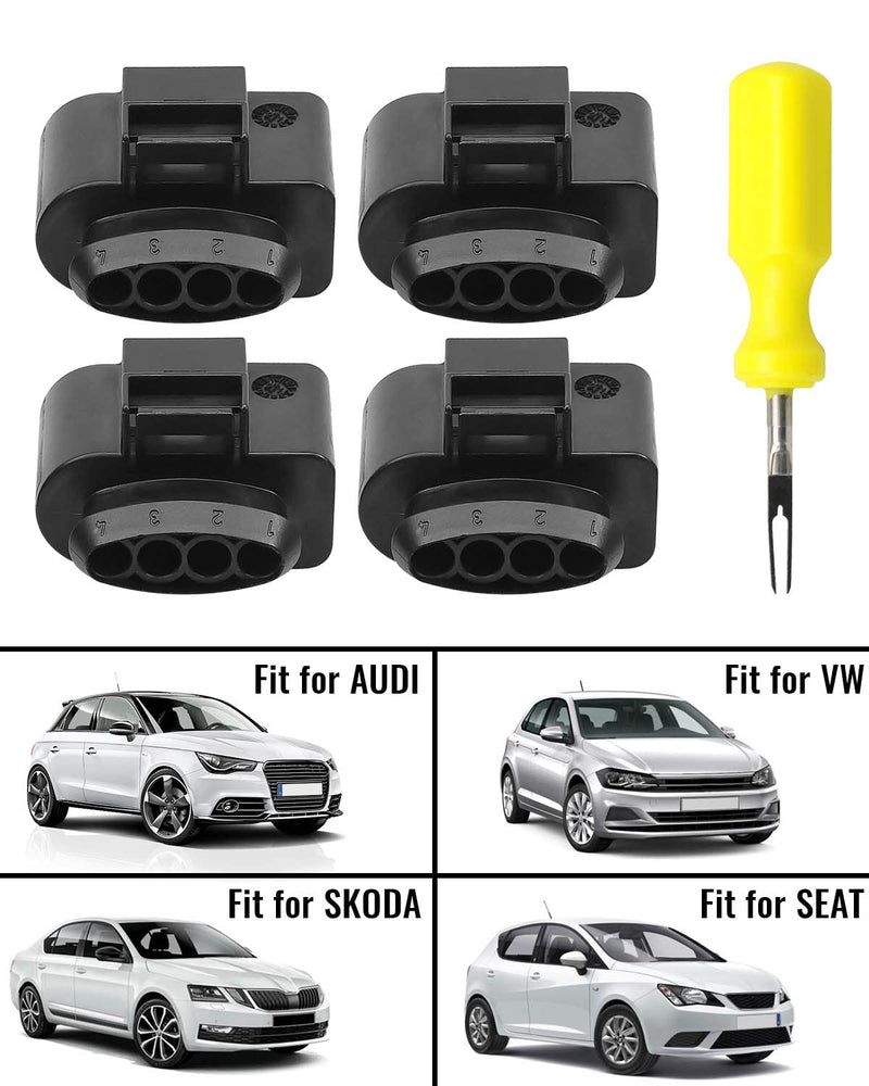 Ignition Coil Connector Repair Kit with 4PCS Harness Plug and 1PCS 0.3CM Space Take-up Tool Fit for VW Passat Phaeton Polo SKODA Octavia Rapid Superb Yeti AUDI A1-A8 Q7 TT Replace 4B0973724