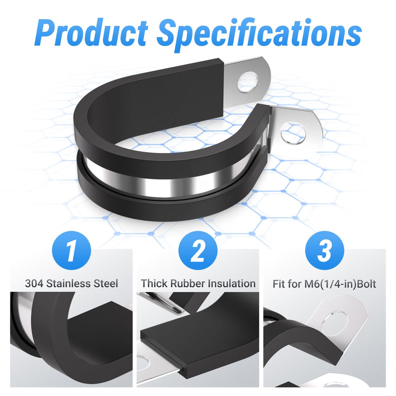 50Pcs 1-1/4 Inch Cable Clamps,M6 Screw Hole & Rubber Cushion,for Automotive Hose, Wire Harness 50