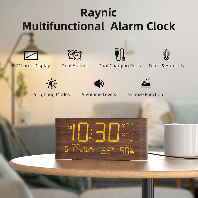 Raynic Digital Alarm Clock, Dual Alarms, 8.7" Large LED Display, USB & Type-C Charging Ports, Temperature & Humidity Display, 5-Level Dimmer & Volume for Bedroom & Home Office, Dark Wood Grain Finish