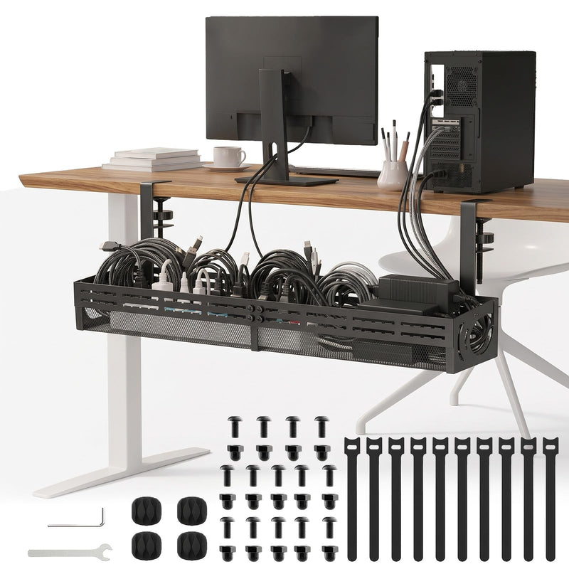 Under Desk Cable Management Tray, 15-25in Retractable Metal Cord Organizer Rack, No Drill Desk Tray with Clamp, Anti-Slip Pads Cable Tray for Home, Office, Gaming, Standing Desks
