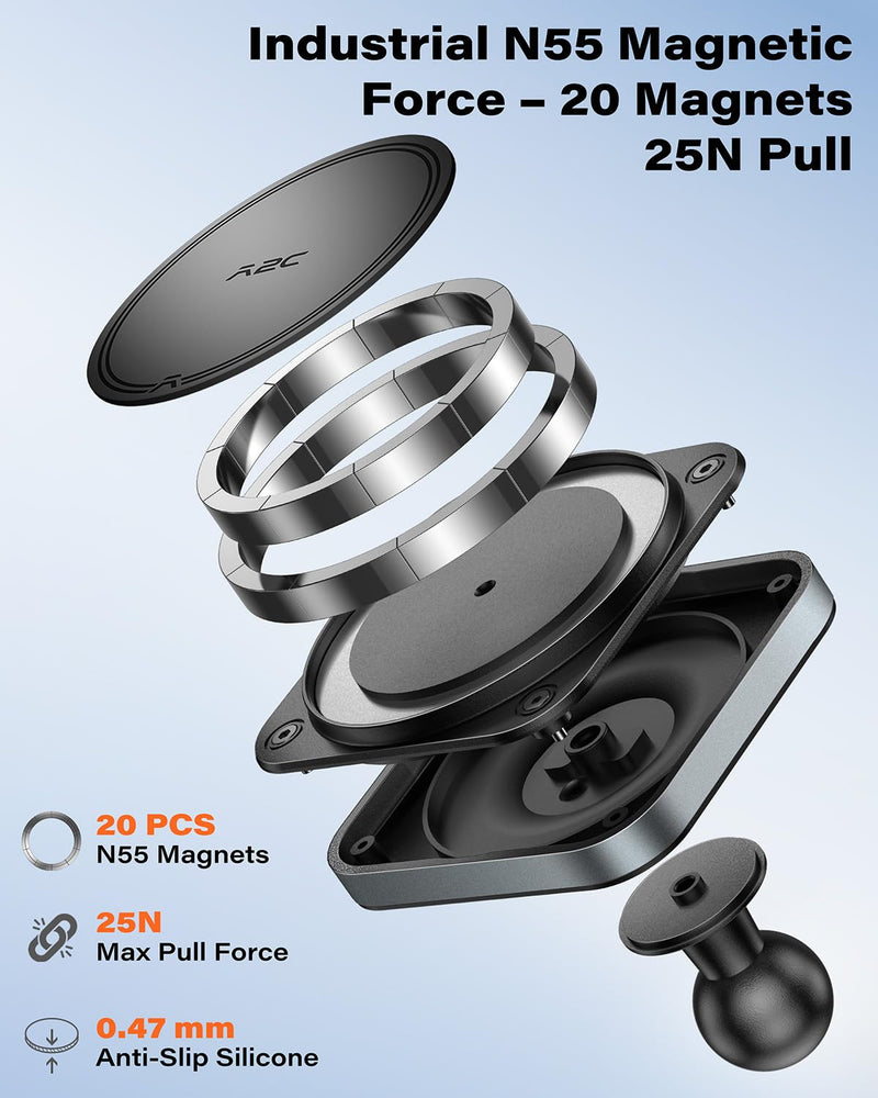 APPS2Car Alloy Magnetic Phone Mount for Tacoma 2016-2023 & Tundra 2014-2021 | Metal 20mm Ball & Socket Arm, 20*N55 Magnets, Anti-Slip, Ring for Non-MagSafe