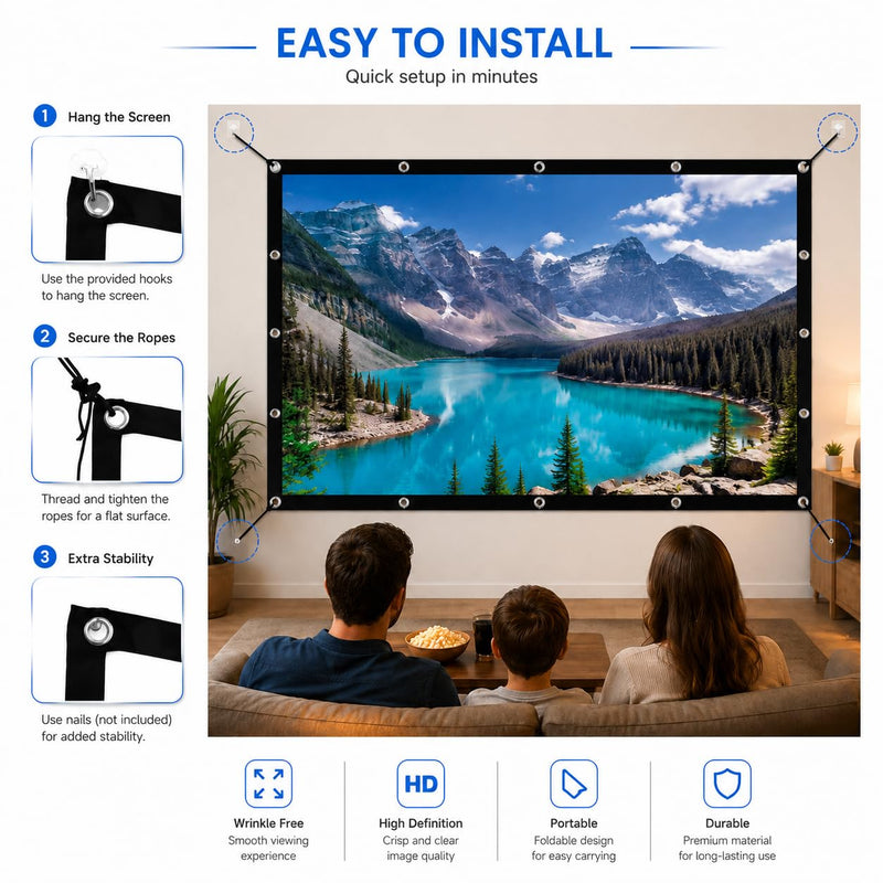 Portable Projector Screen 100 Inch 16:9: Foldable Anti Wrinkle, Lightweight Double Sided Movie Screen for Indoor Outdoor Movies, Home Theater, Backyard, Camping, Families & Movie Lovers