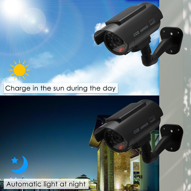 Twilight Garage Dummy Camera, 2 Pack Solar Powered Bullet Simulated CCTV Fake Security Cameras with Flashing Red LED Light & Warning Security Alert Sticker, Indoor Outdoor Use(Black)