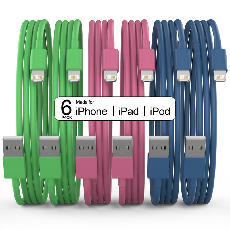 6Pack(3/3/6/6/6/10 FT) Original [Apple MFi Certified] iPhone Charger Fast Charging Lightning Cable iPhone Charger Cord for iPhone 14/13/12/11 Pro Max/XS MAX/XR/XS iPad AirPods-Green and Pink and Blue Green and Pink and Blue