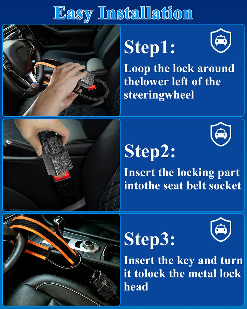 Steering Wheel Lock, Seat Belt Lock, Anti Theft Car Device with 3 Keys | Universal Car Lock with Waterproof Reflective Strip, Max 17 Inch Length for Vehicle, Truck,SUV,Golf Cart, RV and Van (Yellow) Orange-Metal Shell