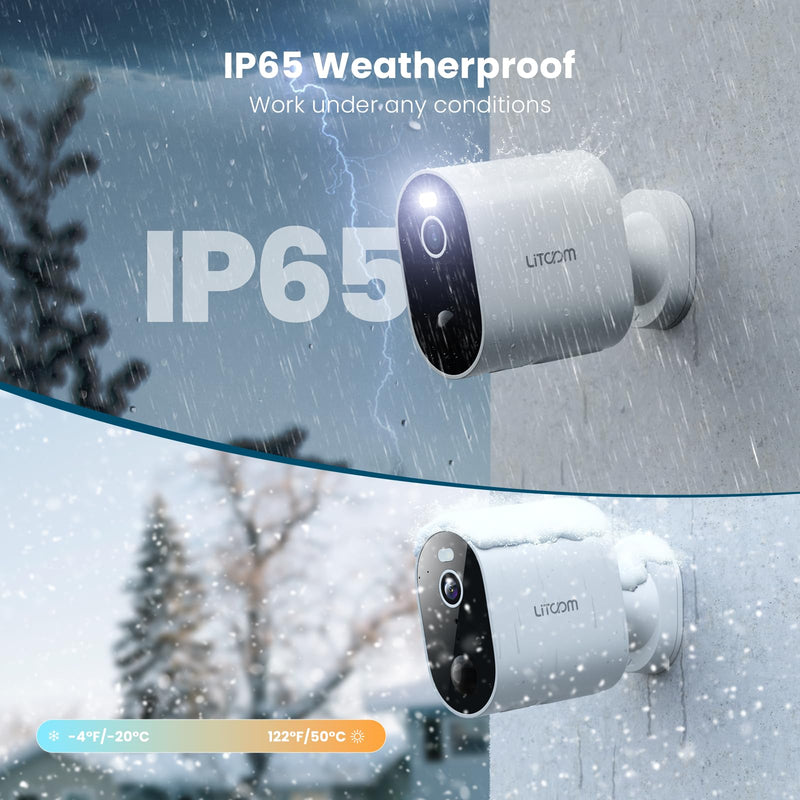 litokam Security Cameras Wireless Outdoor, 2K Battery Powered Outdoor Camera Wireless with Full Color Night Vision, PIR Motion Detection, 2.4G WiFi Home Indoor Camera with IP65 Waterproof, 2-Way Talk 2 Pack-2.4GHz-3MP White