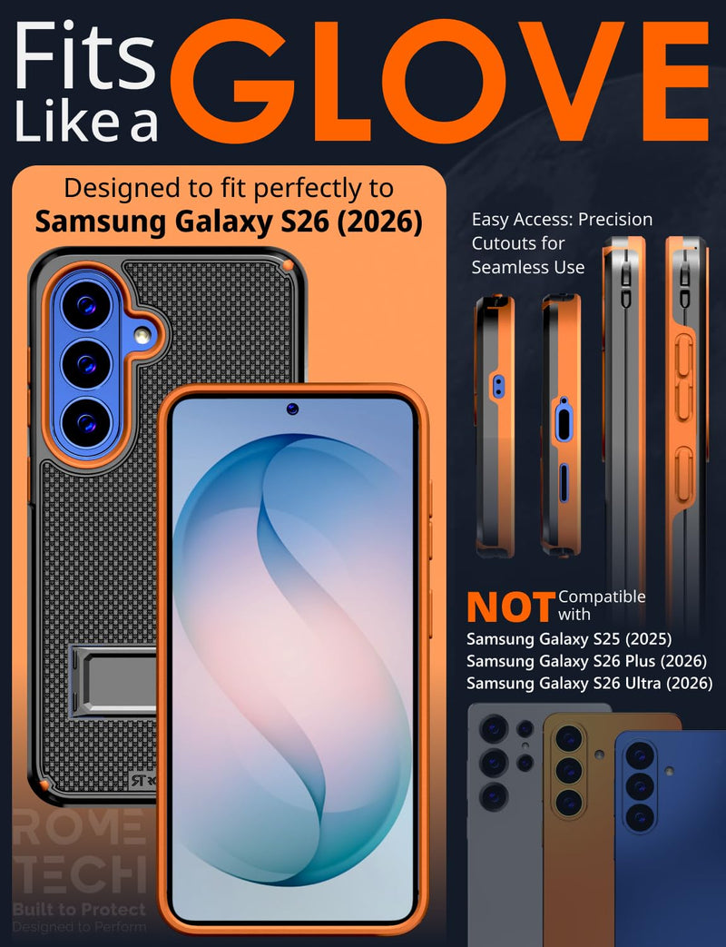 Designed for Samsung Galaxy S26 Case with Belt Clip Holster | Rugged Cover with Strong Magnet & Kickstand Heavy Duty Combo - Black & Orange