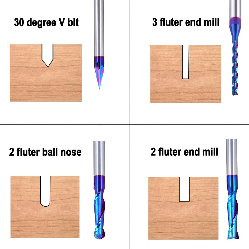 5PCS CNC Router Bits Set 1/4 inch Shank Spiral Carbide End Mill Multipurpose Router Bits for Engraving Sign Making Grooving Slots and Mortises