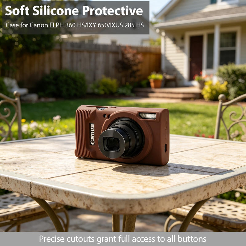 Camera Case for Canon PowerShot ELPH 360 HS/IXY 650 - Brown | Soft Silicone Protective Case, Lightweight, Anti-Scratch with Removable Lens Cover, 2 Screen Protector, 1 Wrist Strap