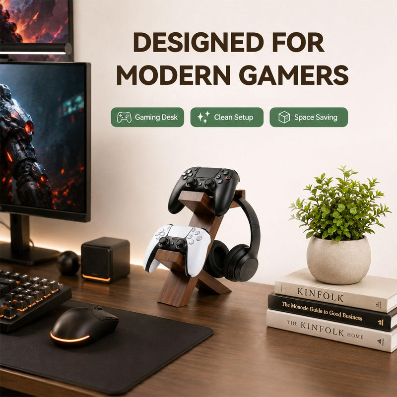 ASFSKY Wood Controller Holder and Headphone Stand, 3-in-1 Gaming Equipment | Dual Controller Stand with Non-Slip Base; Universal Headset Stand for PS5, Xbox Series X|S, Switch and Gaming Accessories
