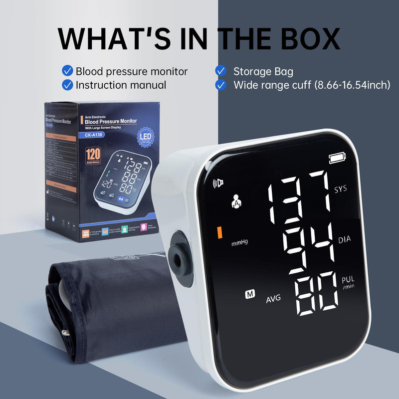 LCJ Blood Pressure Monitor for Home Use Upper Arm Blood Pressure Monitor BP Machine Sphygmomanometer with 2x120 Reading Memory Adjustable Arm Cuff 8.7"-12.6" Large Display with LED Background