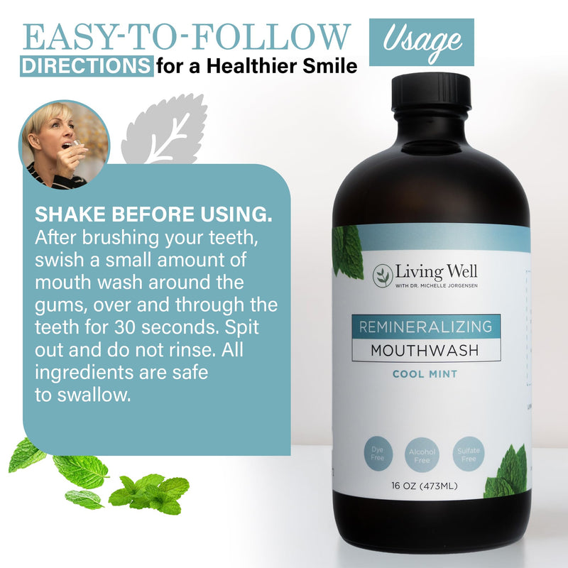 Living Well Dr. Michelle Remineralizing Mouthwash, Cool Mint | Hydroxyapatite & Colloidal Silver Formula, Alcohol-Free, Fluoride-Free, Fresh Breath Support