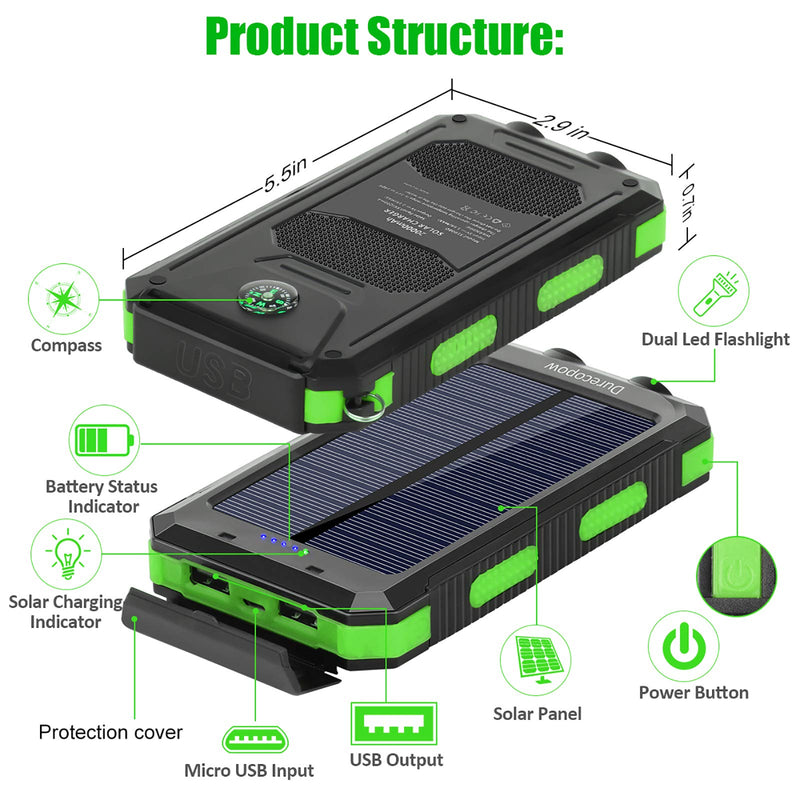 Solar Charger, 20000mAh Portable Outdoor Waterproof Solar Power Bank, Camping External Backup Battery Pack Dual 5V USB Ports Output, 2 Led Light Flashlight with Compass (Green) Green