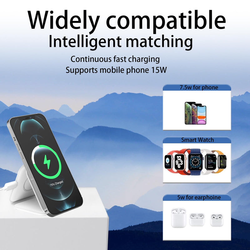 3in1 Foldable Magnetic Wireless Charger,Travel Pad for iPhone,Watch,AirPods | Magnetic Alignment, 15W Fast Charging, Foldable Travel Stand, Compatible with Apple Watch & AirPods, Safe Tech Tea White