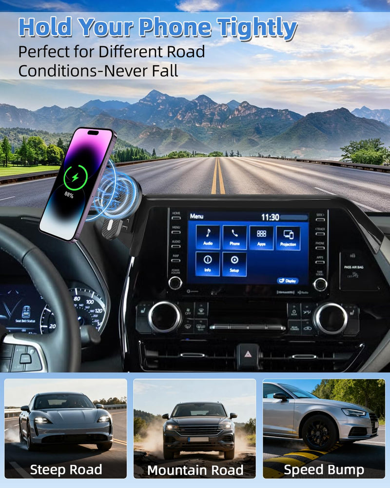 Car Phone Mount for 2020-2026 Toyota Highlander Accessories 8-Inch Screen | L/LE/XSE/Hybrid XLE Magnetic 15W Fast Wireless Charger Phone Holder with Magsafe 360° Rotation Hands-Free (Not Fit 12.3'') Highlander 2020-2026 (8 inch) Magsafe+ Wireless Charger