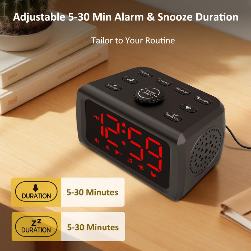 Peakeep 115dB Super Loud Alarm Clock for Heavy Sleepers, 5-30 Min Alarm/Snooze Duration, Auto/Manual Dimmer, 6 Wake-up Sounds, Plug in Electric Digital Bedroom Clock with USB Charger, Battery Backup Red Digits (Plug-in)