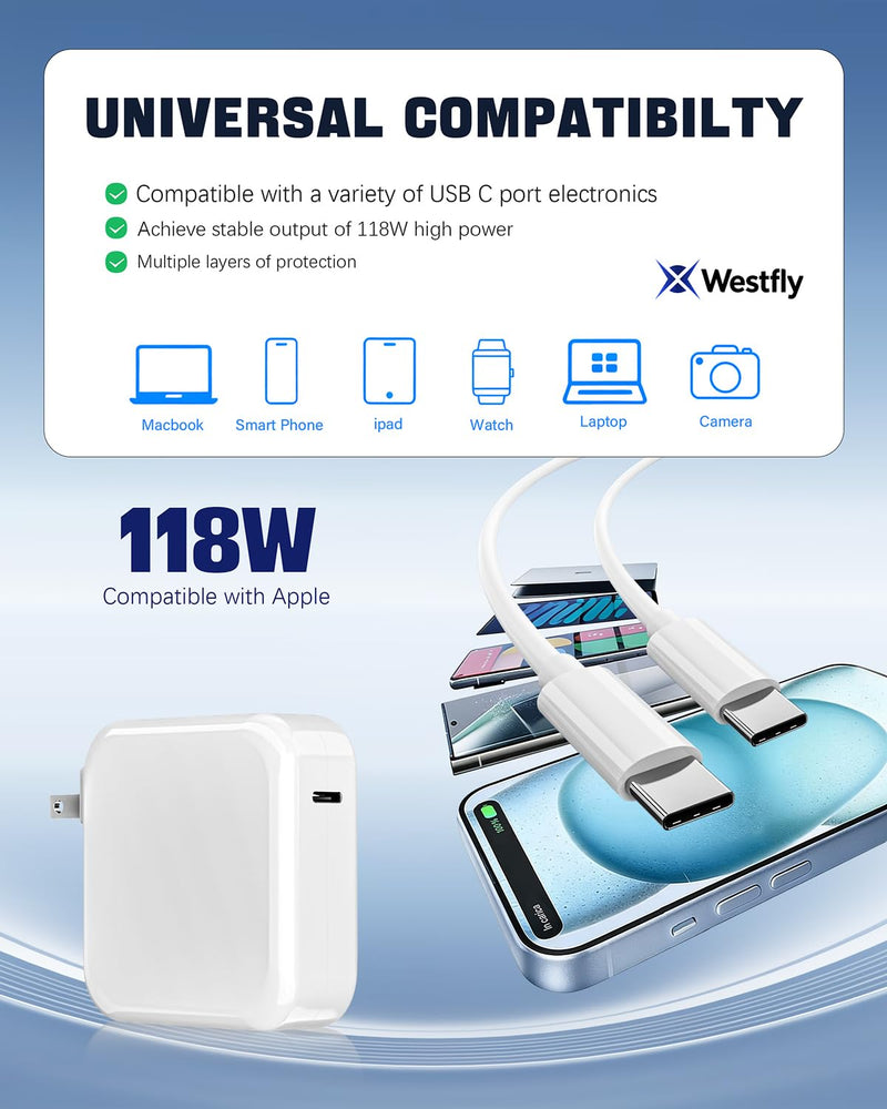 Mac Book Pro Charger 118W USB C Fast Charger Compatible with MacBook pro/Air, M1 M2 M3 M4 M5 ipad Pro 13 14 15 16 inch 6.6ft Charge Cable | Compatible with MacBook pro/Air, M1 M2 M3 M4 M5 ipad Pro 13 14 15 16 inch 6.6ft Charge Cable white2