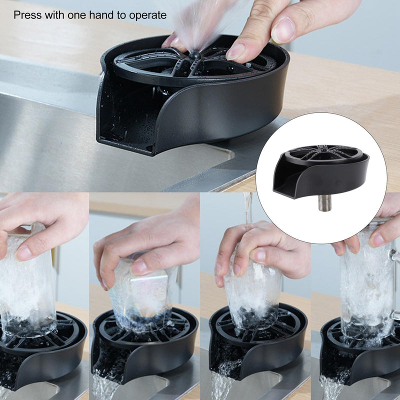 POCREATION Automatic Glass Washer Cup Rinser, 360 Degree Rotating Spout Sink Accessory Stainless Steel Bottle Washer for Bottles, Cups, Utensils Black ABS Basin (US 9/16 Hose)