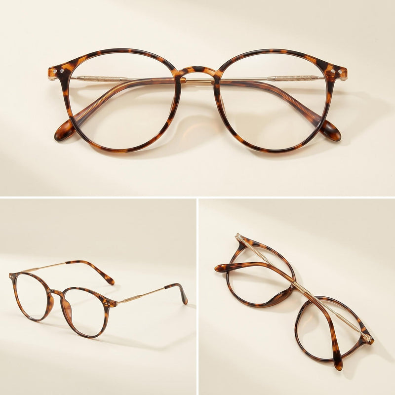 Shiratori Retro Round Blue Light Blocking Glasses for Women Men, Lightweight Metal Temple Eyeglasses Tortoiseshell Clear