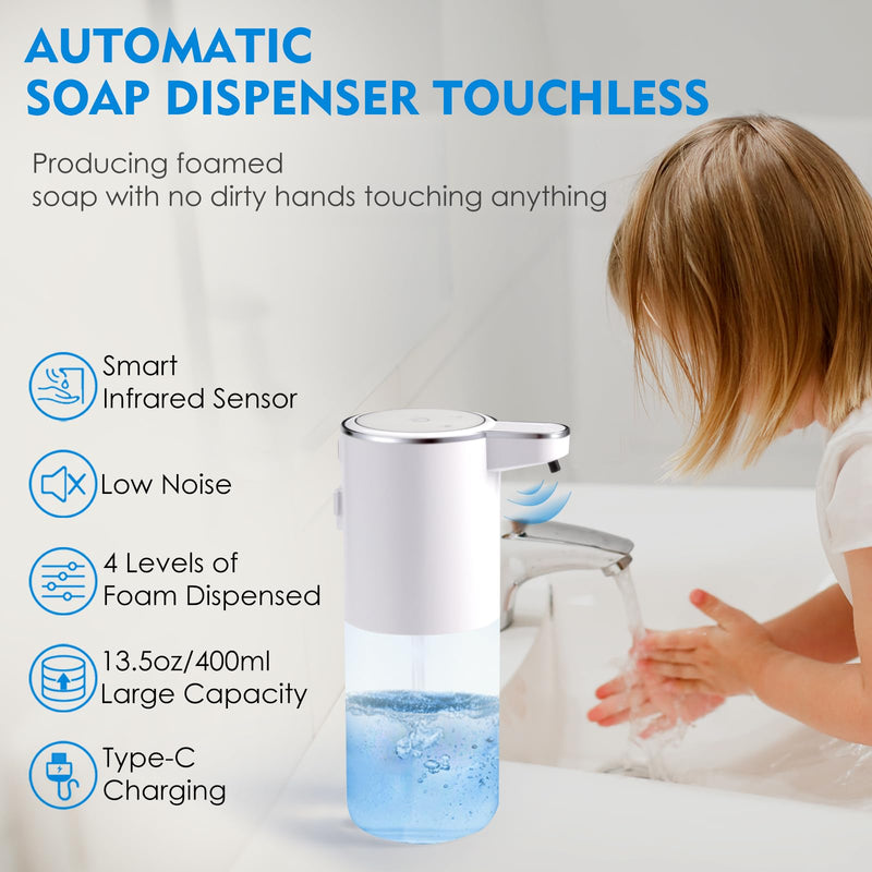 Automatic Foaming Soap Dispenser, Touchless Foam Hand Soap Dispenser for Bathroom, 4-Level Adjustable,13.5oz/400ml, Wall Mounted, Rechargeable White+transparent