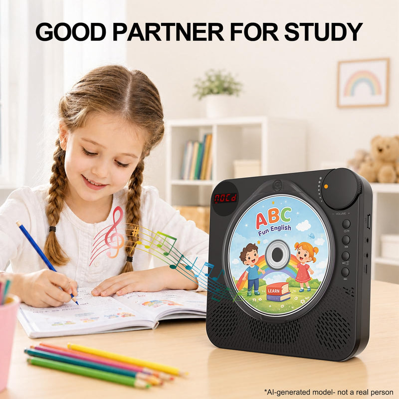 Portable CD Player with Bluetooth 5.4 for Daily Home Use & Gift,Exercise | Desktop CD Players with HiFi Speakers, LED Display, Remote Control, Charging Cable, Timer, FM Radio, USB, AUX, Headphone Jack Black