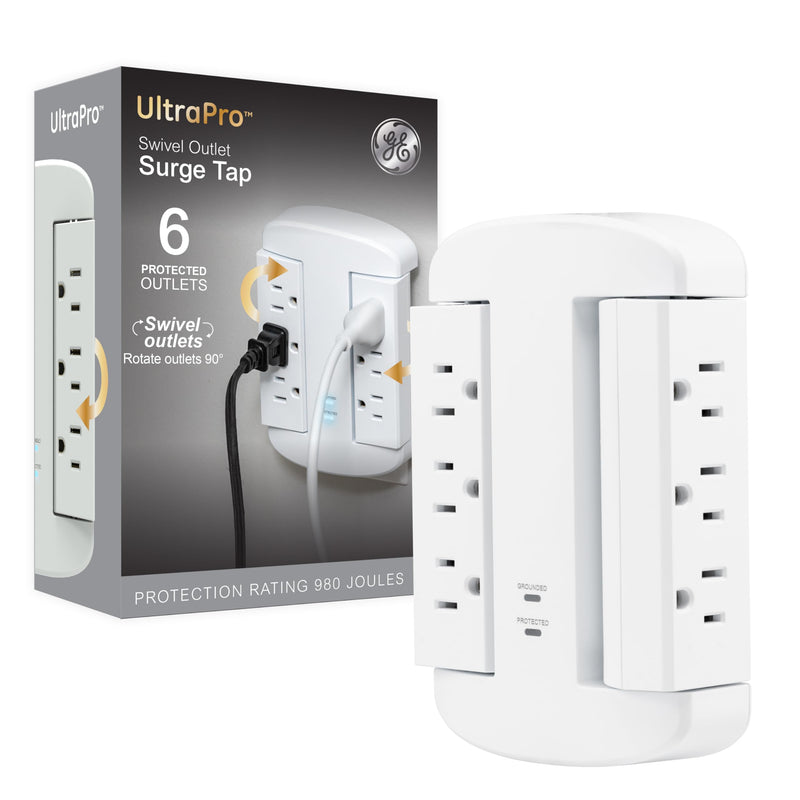 GE 6-Outlet Extender, Surge Protector, Swivel Side Access, Wall Tap Adapter, 3-Prong, 980 Joules, ETL Listed, White, 81781 Swivel Outlet