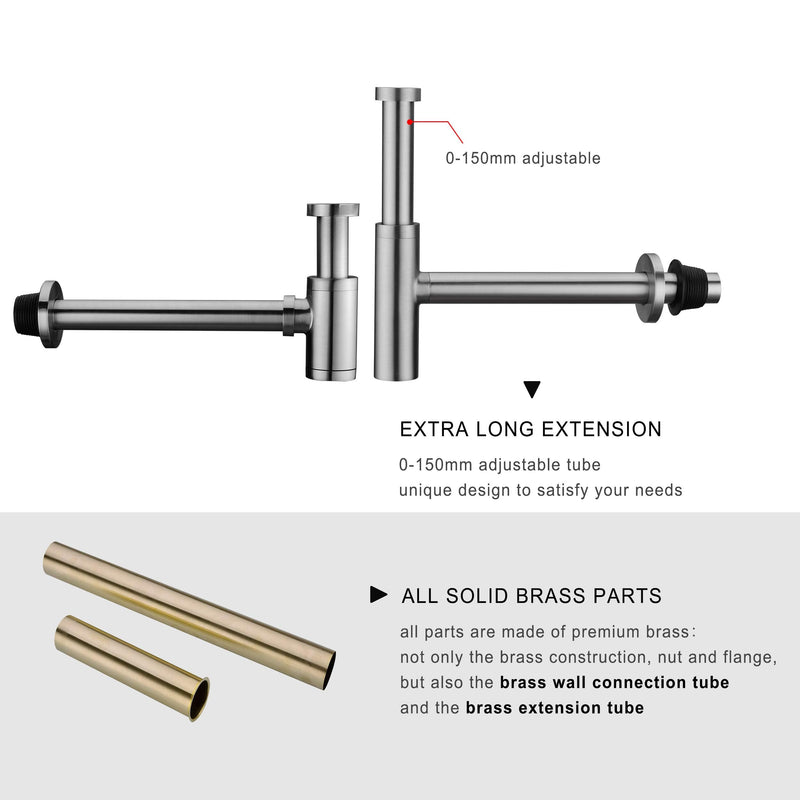 All Brass Round Bottle P Trap, 1 1/4 Bathroom Basin Sink Waste Trap Drain Tube Kit Extra Long Slip Joint Extension Tube Tailpiece for Sink Drain, Adjustable Height Matte Black
