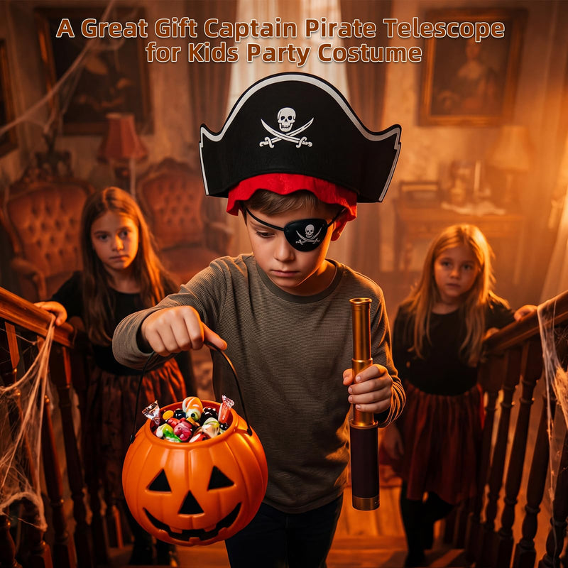 25X30 Pirate Telescope Spyglass with Hat&Eye Mask for Kid Monocular Costume | Retro Collapsible Zoomable Brass Captain Spyglass, FMC Lens Costume Accessories for Bird Watching Camping Boating Gift