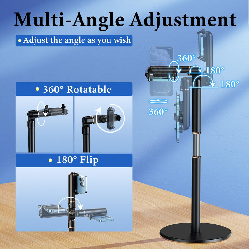 Angle Height Adjustable Phone Holder for Desk [10"-25"] - Retractable Cell Phone Holder for Video Recording Cooking Excising Working Reading -Aluminum iPhone 17 16 15 14 Pro Max Air Stand Clip