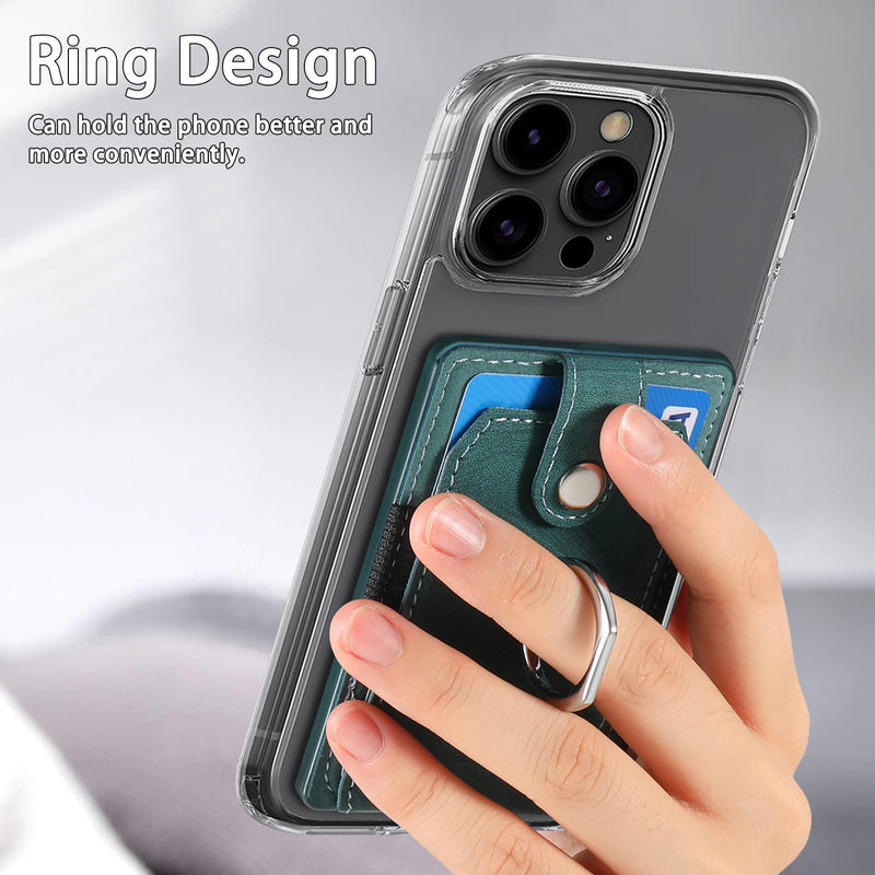 Cell Phone Card Holder with Ring Grip,Adhesive Phone Card Wallet,Green | Holds up to 3 cards;360° ring works as grip and kickstand,Can be used on most phones or phone cases larger than 5.8 inches.