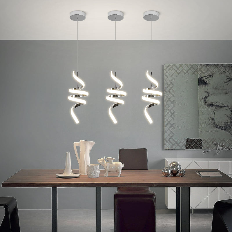 Modern Spiral LED Pendant Lights Kitchen Island, 22W Adjustable Height Hanging Light Fixture 4000K Chrome Chandelier for Dining Room Cafe Table, 1 Pack Chrome,4000K Hardwired,1PACK