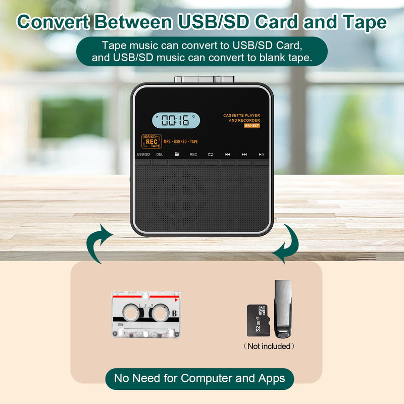 Cassette Tape Player Recorder, Cassette to MP3 Converter, Record to Cassettes/USB/SD Card, LCD Display, Power by USB C or AA Battery, Built-in Speaker, Headphone Jack and Mic Black