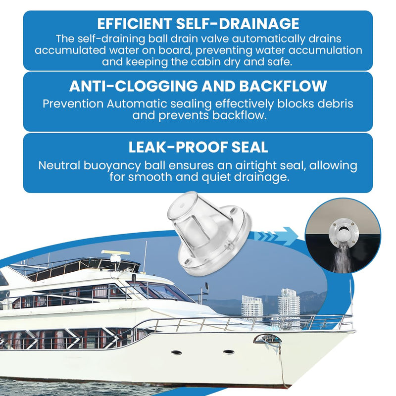 Boat Scupper Drain Valve Self-Bailing Ball,Fits 3/4" to 1-1/2" Marine Drain Holes, One-Way Automatic Drain Valve Replaces Old Flapper Scuppers,Compatible with Most Boat Models 2 Pack