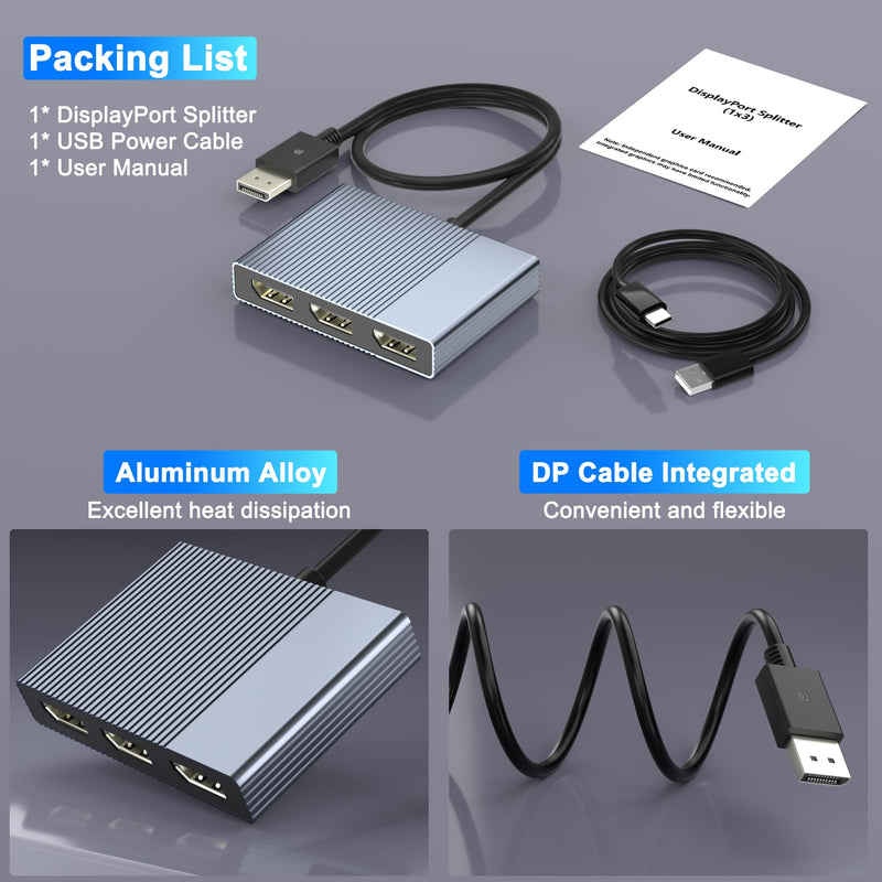 DisplayPort Splitter for 3 Monitors Extended Display, 4K@60Hz DisplayPort MST Hub 1 IN 3 OUT, Display Port to Display Port Adapter, DP to DP Multi Monitor Splitter for PC/NVIDIA/AMD Graphic Card