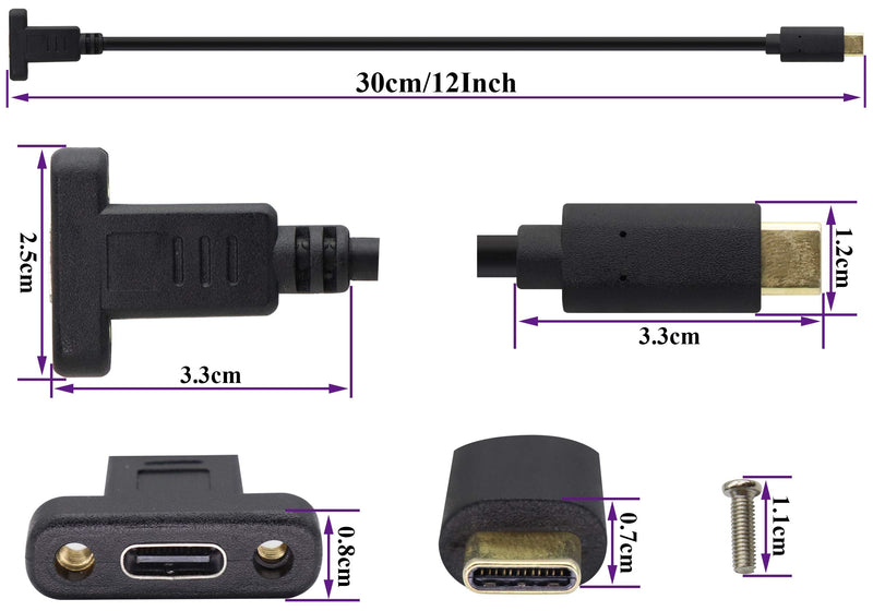 USB Type C 3.1Panel Mount Adapter Cable USB-C 3.1 Gen2 10Gbps Male to USB C Female Panel Mount Screw Cable,Supports Charging,Data,Audio,Video Cable for Laptop,Tablet,Mobile Phone(0.3M/1ft)