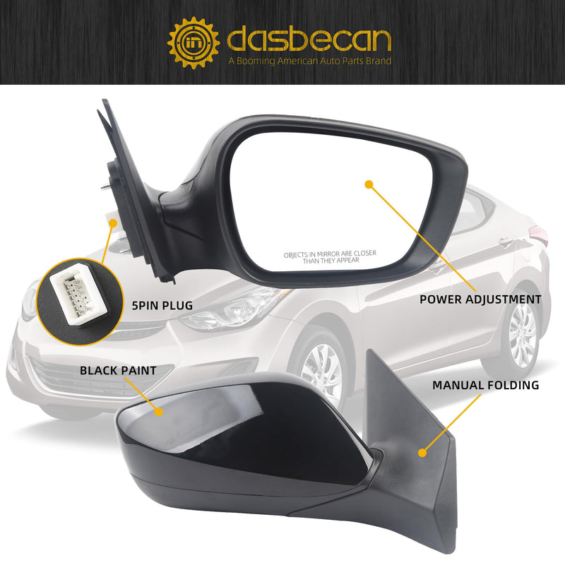  [AUSTRALIA] - Dasbecan Passenger Side Mirror Compatible With 2011 2012 2013 Hyundai Elantra Right Rear view Mirror Black With Manual Folding,Heated,Power Glass Replace# HY1321179 87620-3Y100 (5Pin) R-5pins