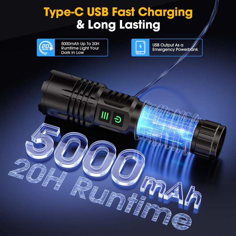 UV Blacklight&High Lumens Flashlight Rechargeable, Powerful Blacklight Flashlights for Pet Urine Detection, Resin Curing, Scorpion, Zoomable Waterproof Tactical LED Flashlight for Camping, Emgergency Black