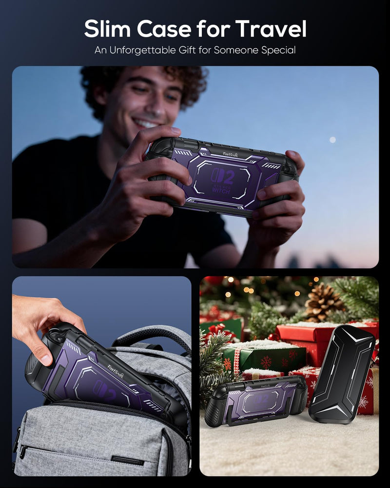 FASTSNAIL Switch 2 Dockable Case Cover for Nintendo 2 2025 & PC Front Cover | TPU Protective Case, Military Protection, Split Design, Non-Slip Ergonomic Grips for Joycon 2, 12 Game Slots, Deep Purple Switch 2 Cover with Front Case