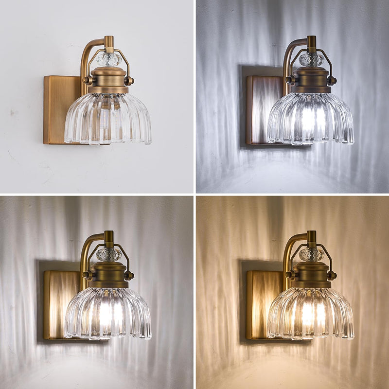 Brass Vanity Light with Clear Glass Shade - Single Bulb Wall Sconce, Bathroom Light, Vintage Bathroom Fixture (L 5.91 in. x W 7.87 in. x H 7.87 in., Bulb not Included) Brass 1-light