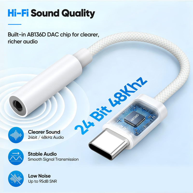USB C to 3.5mm Audio Adapter, USBC to Headphone Jack AUX Dongle 24bit/48kHz | Braided Cable for iPhone 17/16/15 Galaxy S26 Note 20 iPad 11th/10th Gen MacBook Pro 1