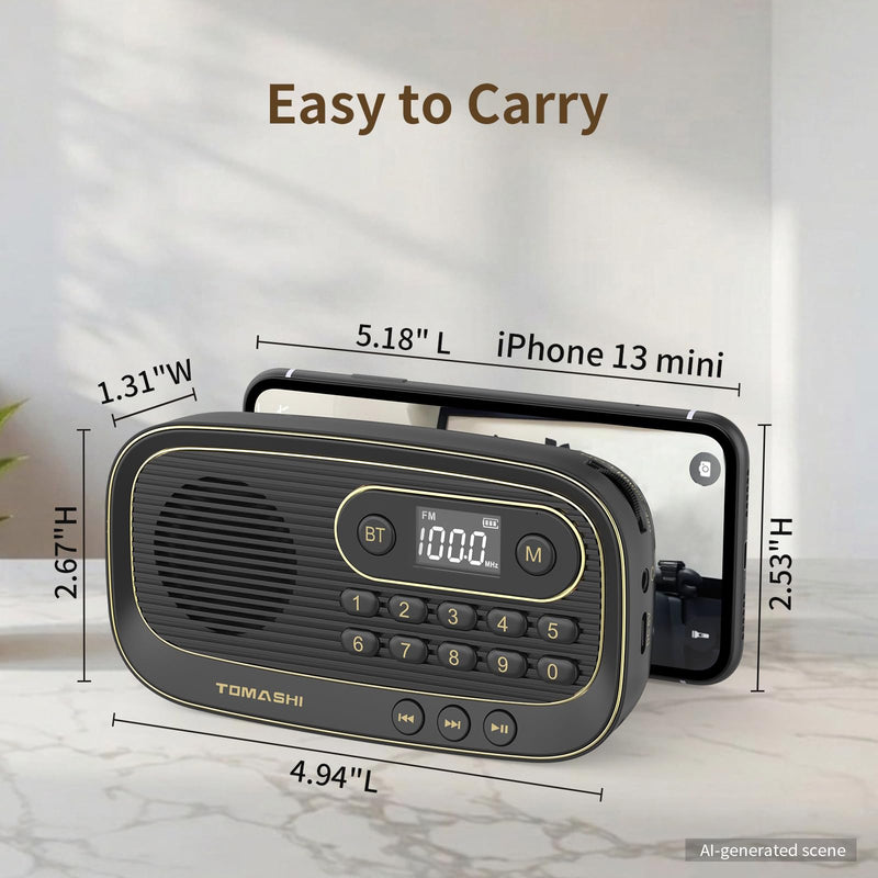 TOMASHI Portable FM Radio, Bluetooth Speaker Radio, Rechargeable Auto Scan | Preset stations, LCD display and Micro SD MP3 player. Compact radio with earphone jack for home, travel and outdoor use.